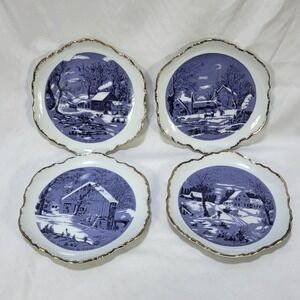 Vintage Currier Ives Winter Plates Set 4 Blue White Gold Farmhouse Korea 6.75"